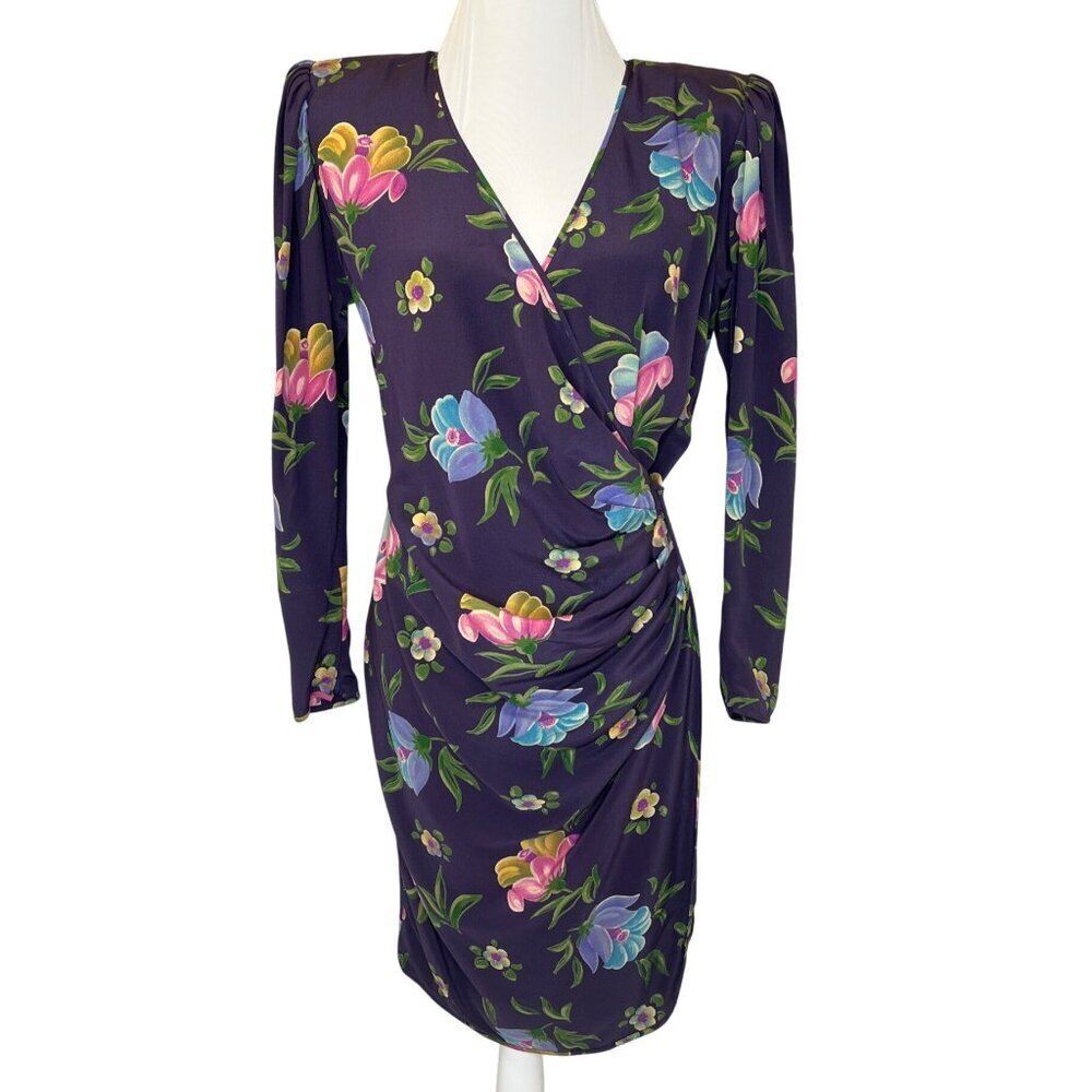 Emanuel Ungaro Silk Floral Long Sleeve Faux Wrap Dress Ladies Size S/M Vintage